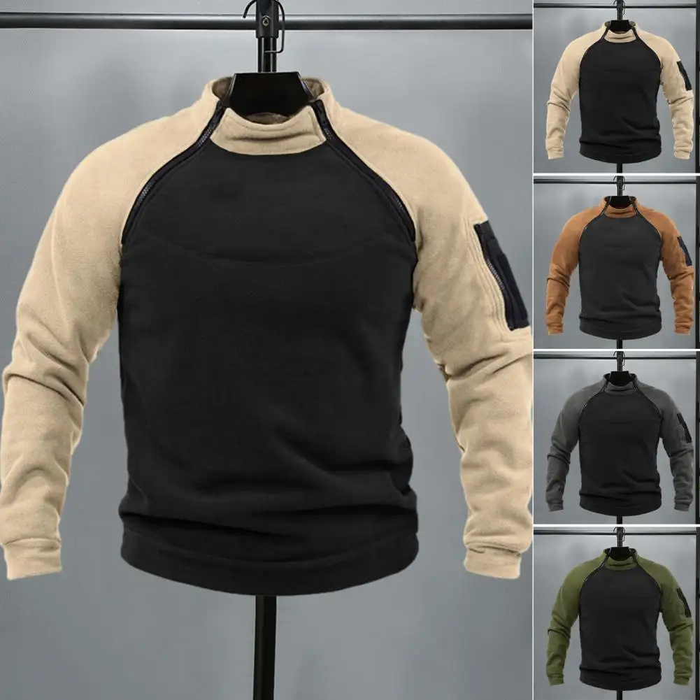 

Contrast Color Men Sweatshirt Windproof Men's Outdoor Sports Sweatshirt Warm Thick Stylish Stand Collar Zipper Design for Fall