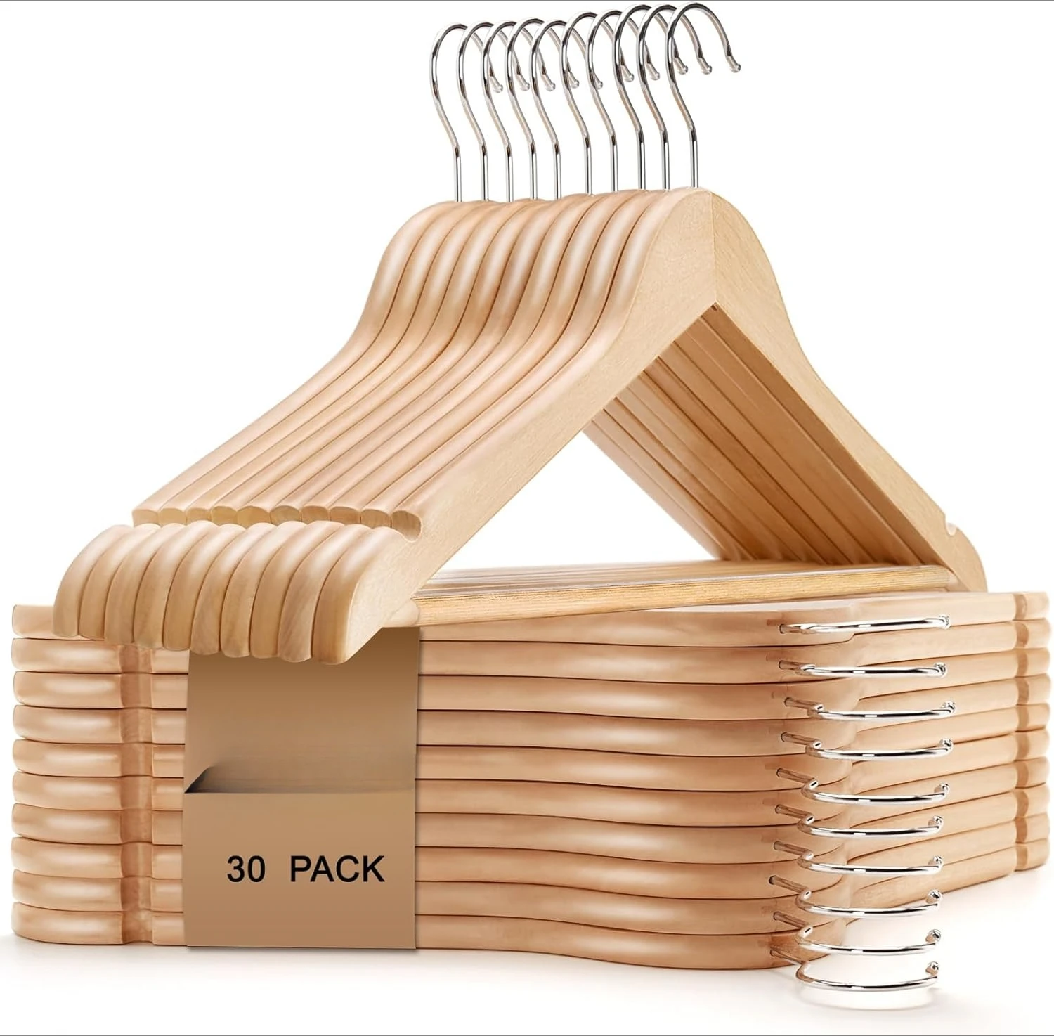 

Amber Home 30 Pack Wooden Coat Hangers, Natural Wood Suit Hangers with Non Slip Pant Bar, Clothes Hangers for Shirts