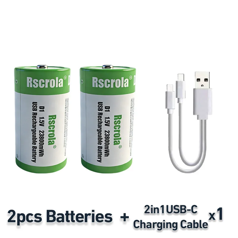 Hoge capaciteit 1.5V 23800mWh USB oplaadbare D-cel lithium batterij (LR20) voor gasfornuis, waterverwarmer, zaklamp, radio's