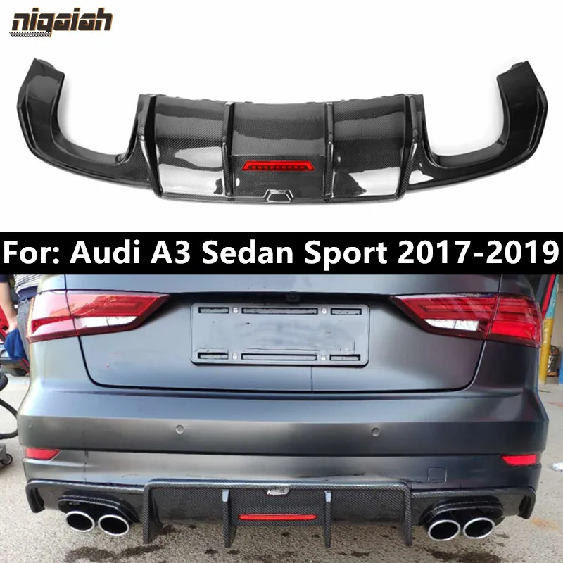 For Audi A3 Sedan Sport Version 2017 2018 2019 S3 Car Rear Bumper Diffuser Carbon Fiber Rear Lip Spoiler with LED Light