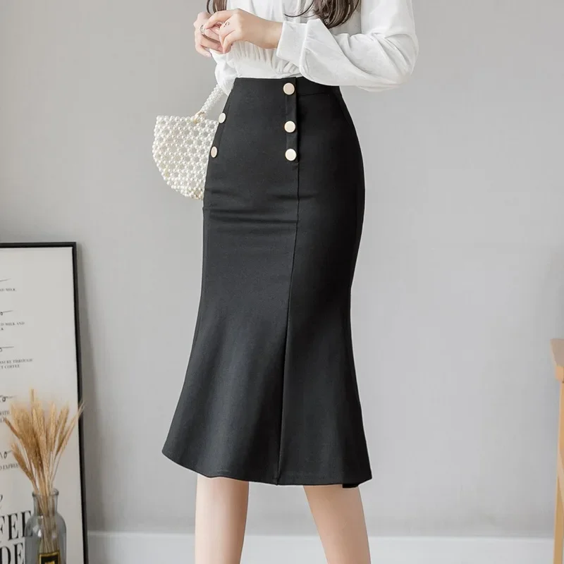 Fashion Long Skirts Oversized 2023 Korean Festival High Waist Black Midi Skirt Women Clothes Steetwear Button Party Red Skirt