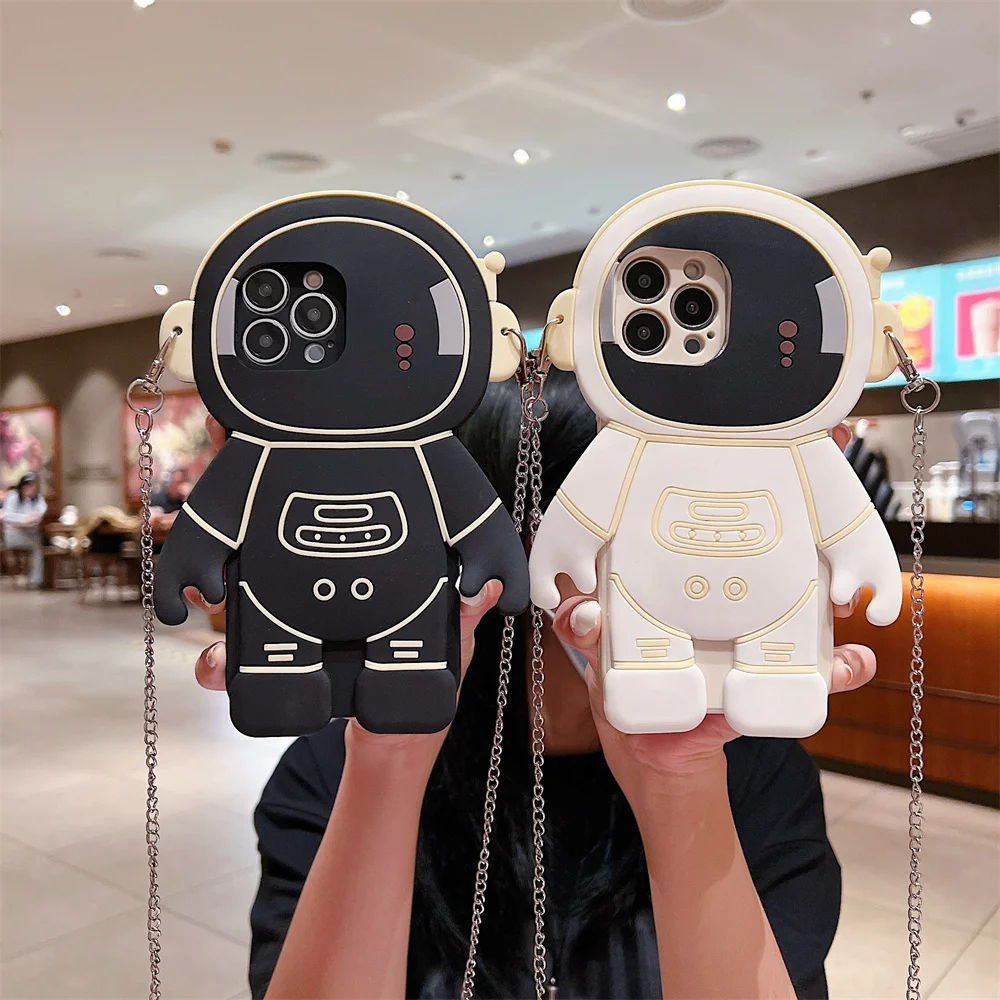 Neutral Cool Cosmic Astronaut Phone Case for 17 Pro Max Crossbody Strap Spaceman Silicone Protective Cover for iPhone 16 15 14