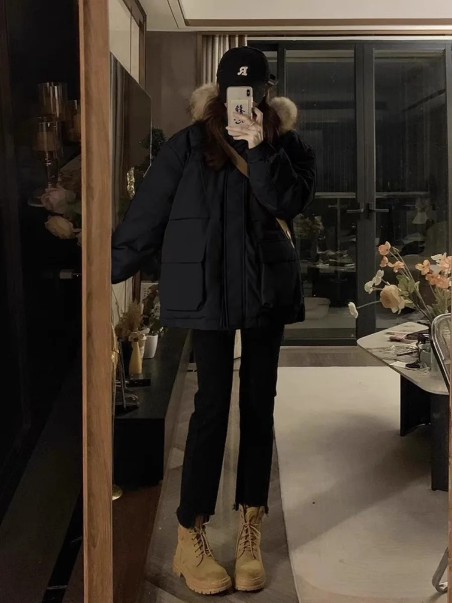 2023 New Winter Fur Hooded Long Sleeve Jacket Women Solid Color Cotton-padded Warm Loose Parkas Coat Fashion Outwear