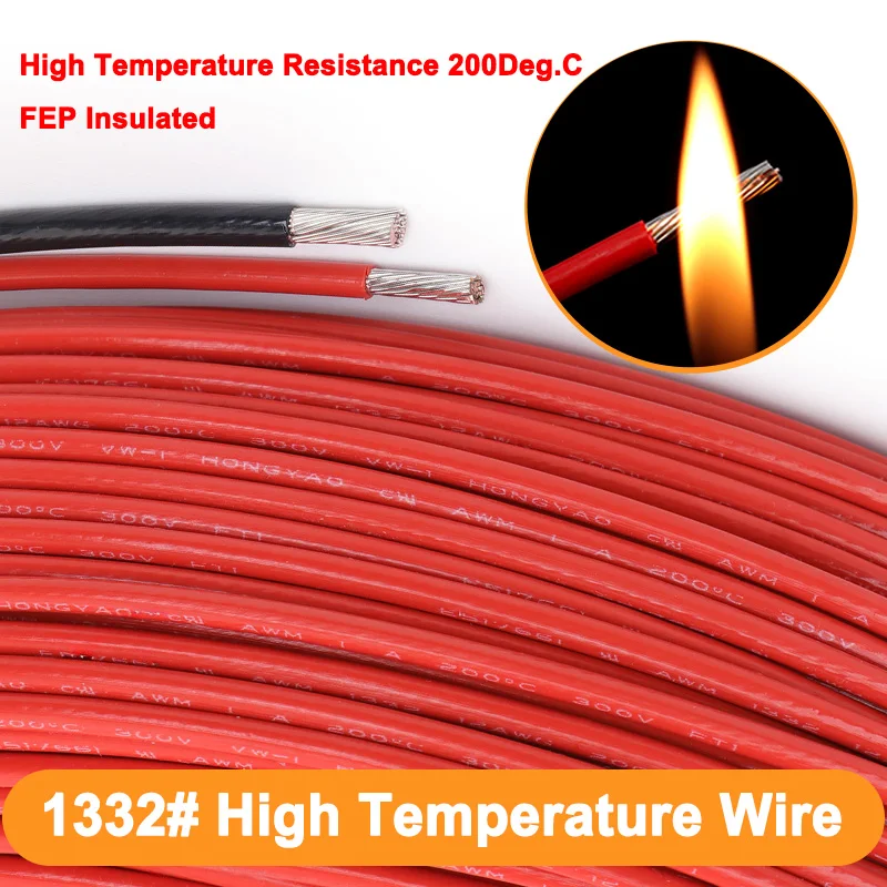 1332# High Temperature Wire 30/28/26/24/22/20/18/16/14/12/10AWG FEP Insulated Oxygen-free Copper Electronic Cable for 3D Printe