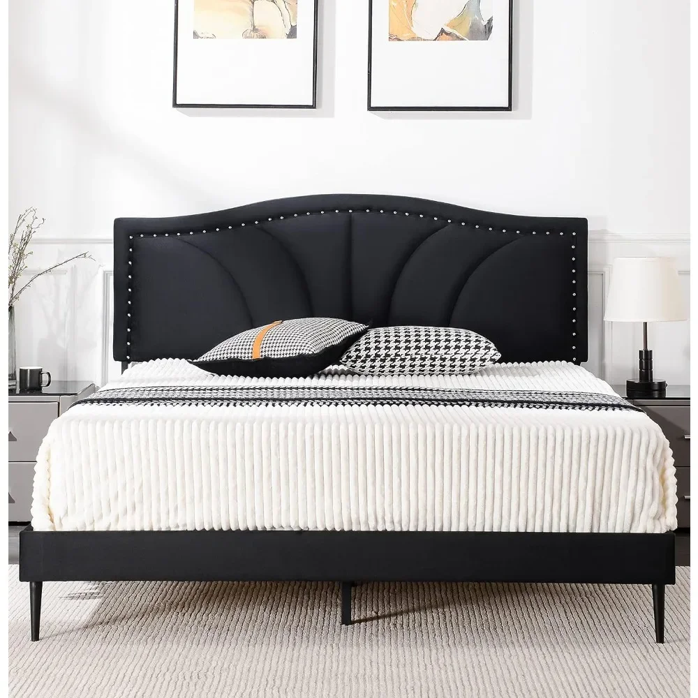 

Bed Frame Velvet Upholstered Platform with Decorative Line & Nailhead Trim Headboard with Strong Wooded Slat