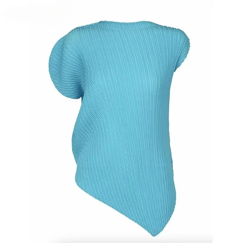 

Miyake 2025 Summer New Fashion Pleated Loose Women's Top Irregular Length Solid Colour Casual Style Round Neck Women's Tops