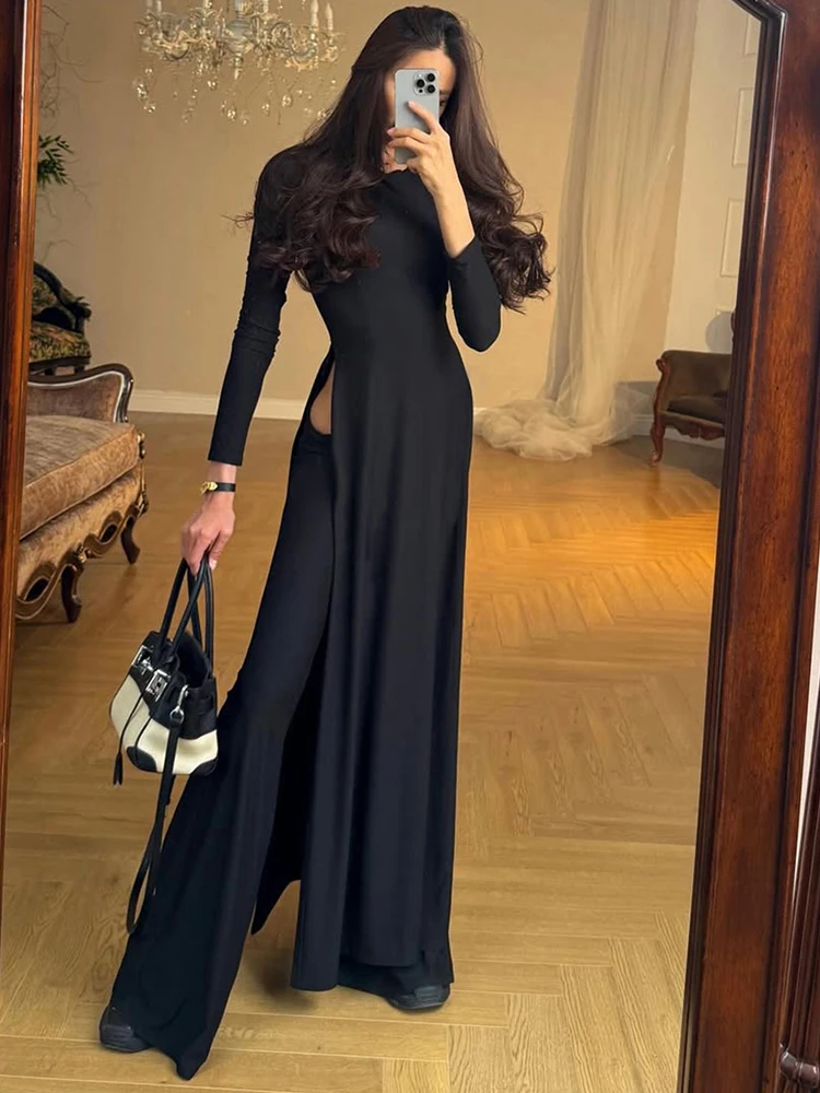 큐트뉴 클래식 스트릿 여성 2피스 세트 트렌드 솔리드 심플 스플릿 긴팔 O넥 롱탑+하이웨이스트 팬츠 여성 정장