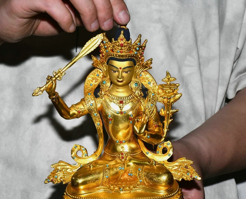 9.4'' Old Nepal Bronze Gilt Painting Wenshu Manjushri Hold a Sword Buddha Statue
