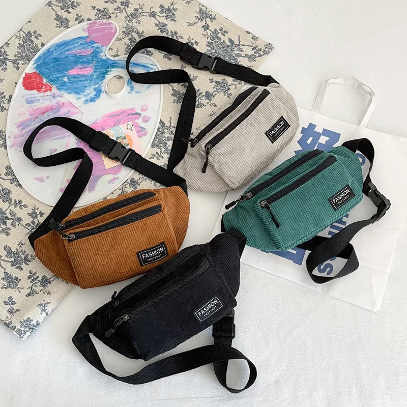 Breast bag female multi-zipper thick corduroy slung bag student strip large capacity shoulder bag