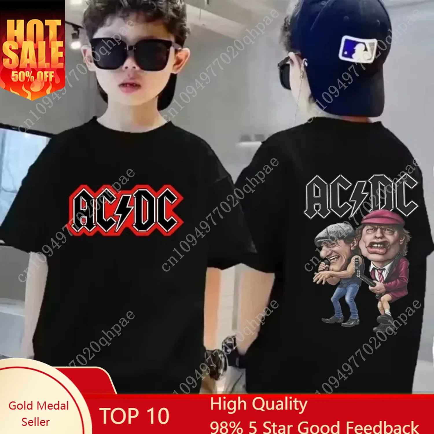 

ACDC Rock Band Printed Boys' T-shirt American Street Hip Hop Punk Retro Cotton Summer Short Sleeve Children's T-shirt