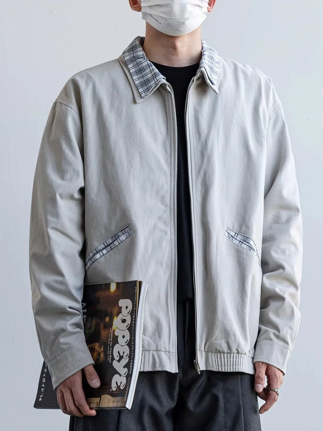 

Высококачественная ретро-куртка в японском стиле с клетчатым воротником, мужская повседневная универсальная верхняя одежда, приталенный крой, однотонная, с элементами пэчворка