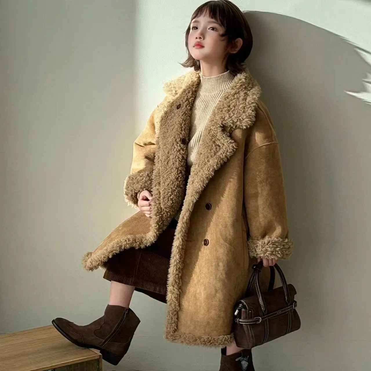 Kids Fall Winter Mid-Length Reversible Coat Boys Girls Faux Lamb Fur Shearling Warm Outerwear