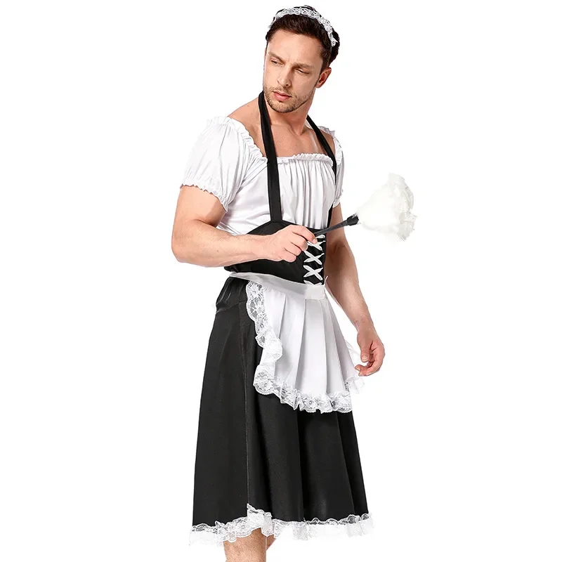 Adult Men's Sissy Maid Housekeeper Dress Costume Cosplay Black White Halter Stage Funny Reverse Performance Halloween