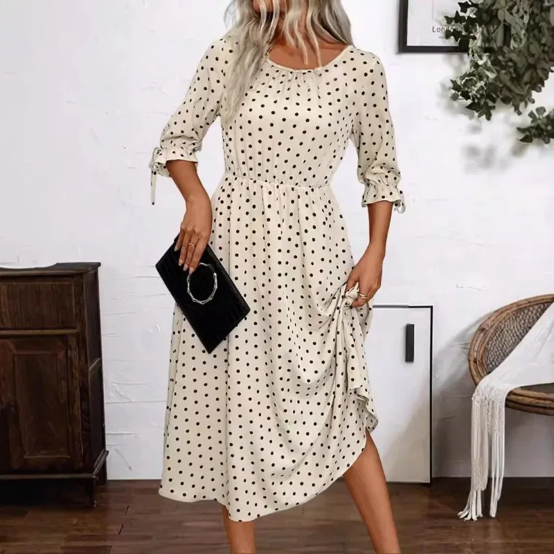 

New Spring/Summer 2025 Ladies' Elegant Simple and Comfortable Polka Dot Dress with A Wide Waist and Mid-sleeve A-line Skirt
