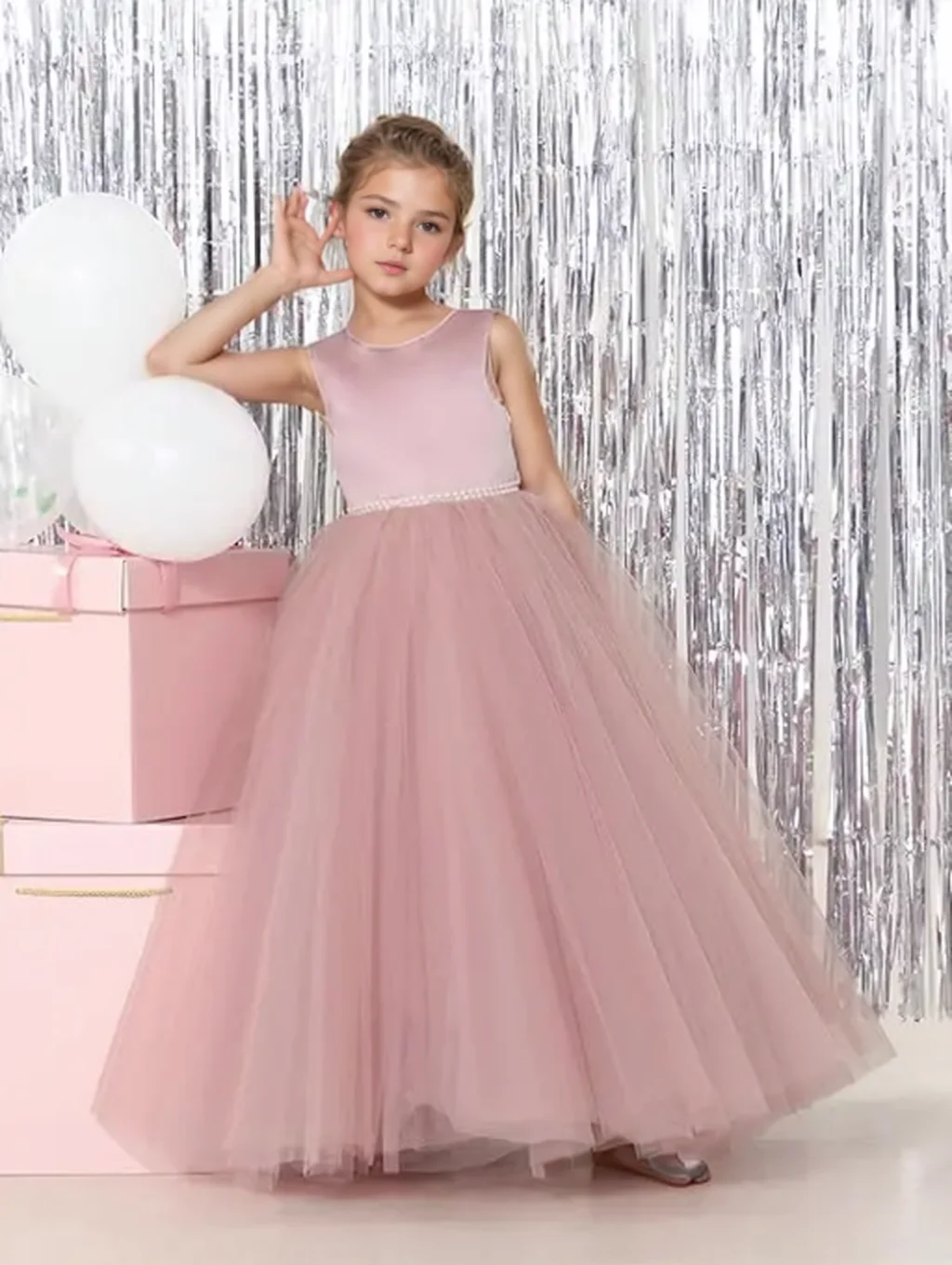 

YNQNFS Flower Girls Satin Tulle Princess Pageant Dress for Wedding Kids Pearls Prom Ball Gowns with Bow-Knot deep pink