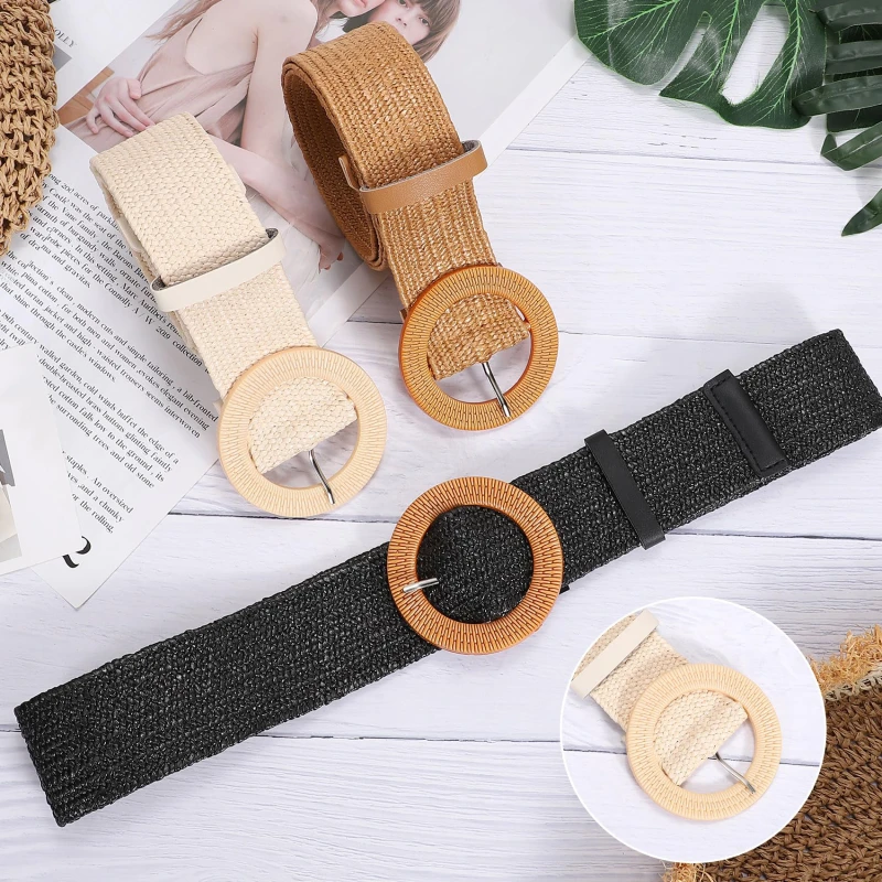 Ladies Round Dark Wooden Buckle Straw Woven Elastic Belt Versatile Summer Fashion Bohemian Style Geometric Pattern