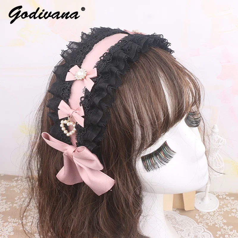 Fascia per capelli fatta a mano giapponese dolce e carina Lolita con fiocco in strass, fascia larga per ragazza, dolce copricapo da donna