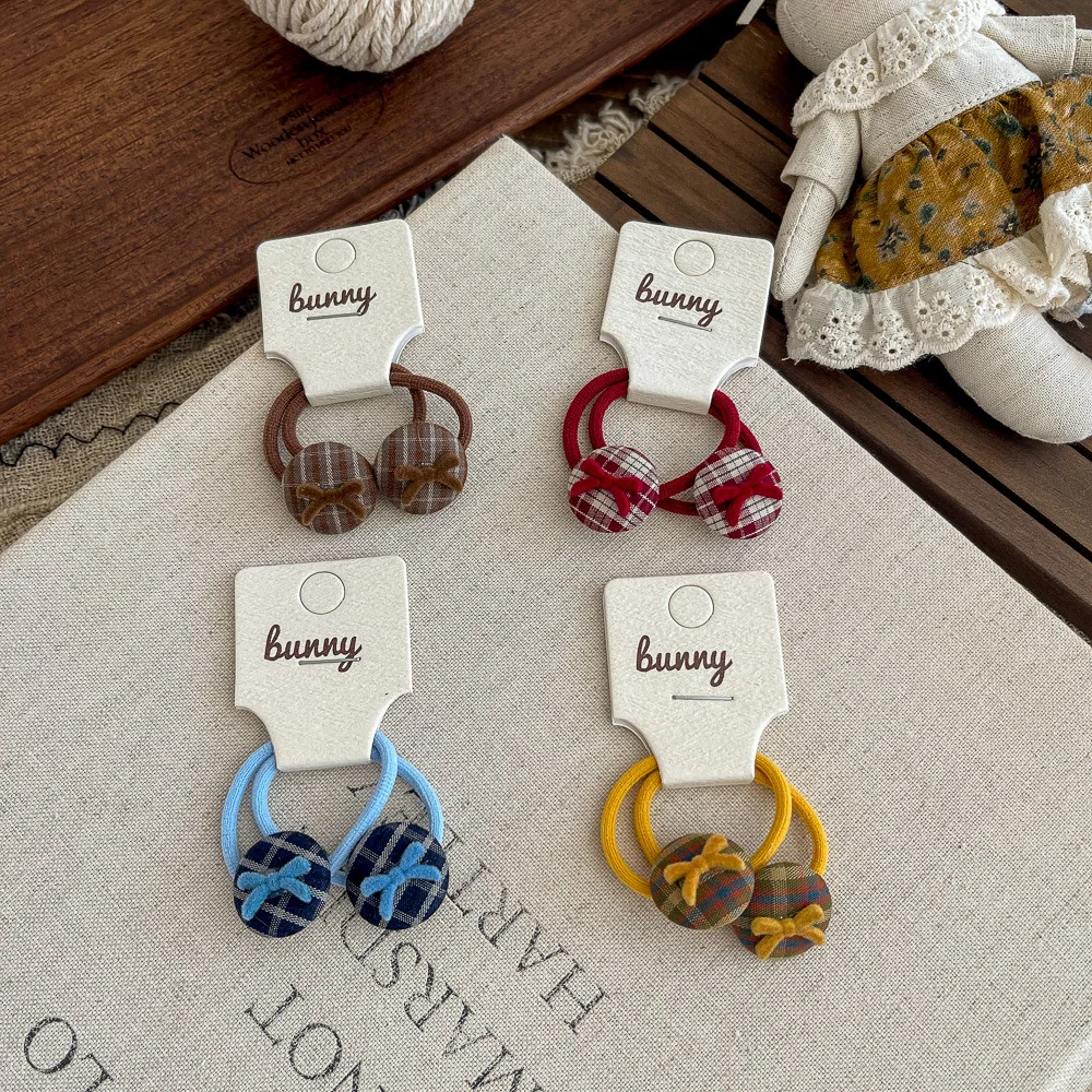 2pcs Fashion Lattice Girls Hair Ties Round Bow Rubber Elastic Headband Baby Childrens Hair Accessories Head Band Headwear