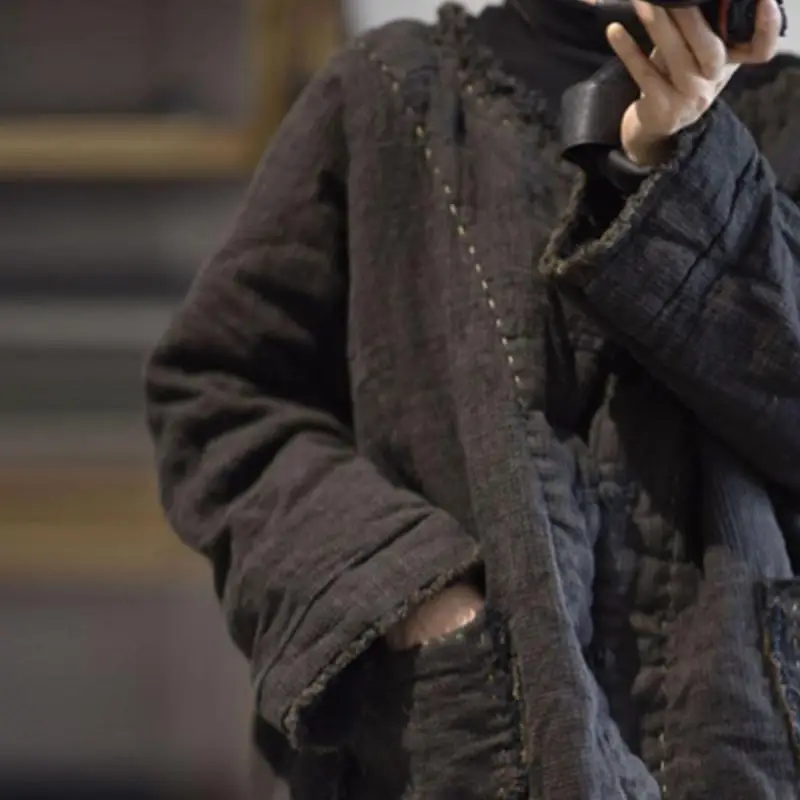 New Winter Arts Style Women Long Sleeve Loose Padded Coat Vintage Embroidery Single Breasted Cotton Linen Quilted Jacket 1207
