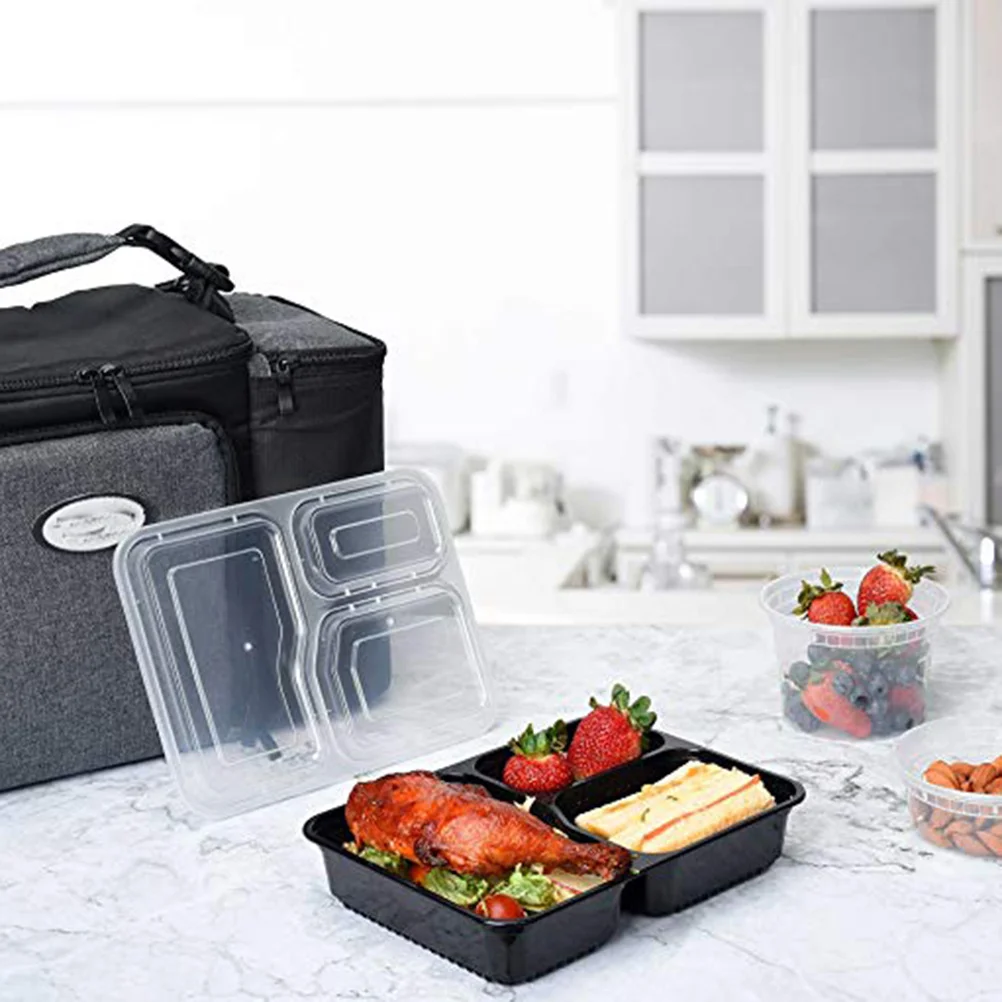 

10Pcs Meal Prep Box 3 Compartment Microwave Safe Stackable Food Storage Containers Lunch Bento Box Disposable Black Lid