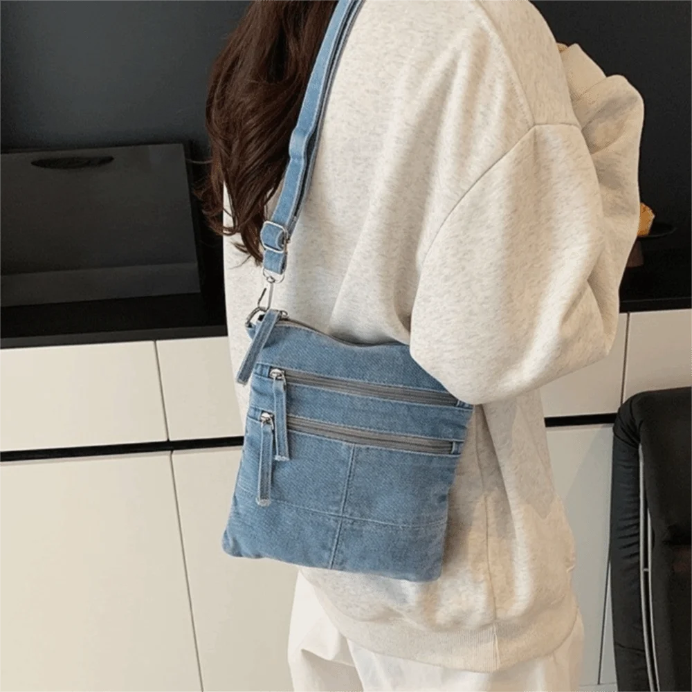 Multi-Pocket Denim Shoulder Bag Two Sided Large Capacity Canvas Crossbody Bag Zipper Closure 3 Layers Messenger Bag Everyday Use
