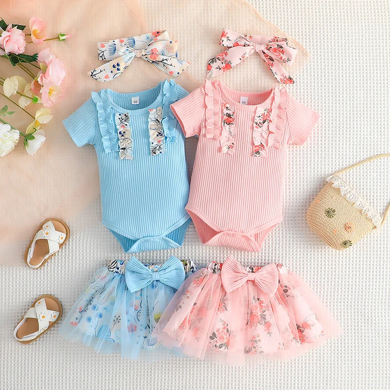 Summer Girls Outfit Sets Cute Flowers Short Sleeve Bodysuit+Bow Mesh Skirt+Hair Band Baby Newborn Items Toddler Clothes BC1349