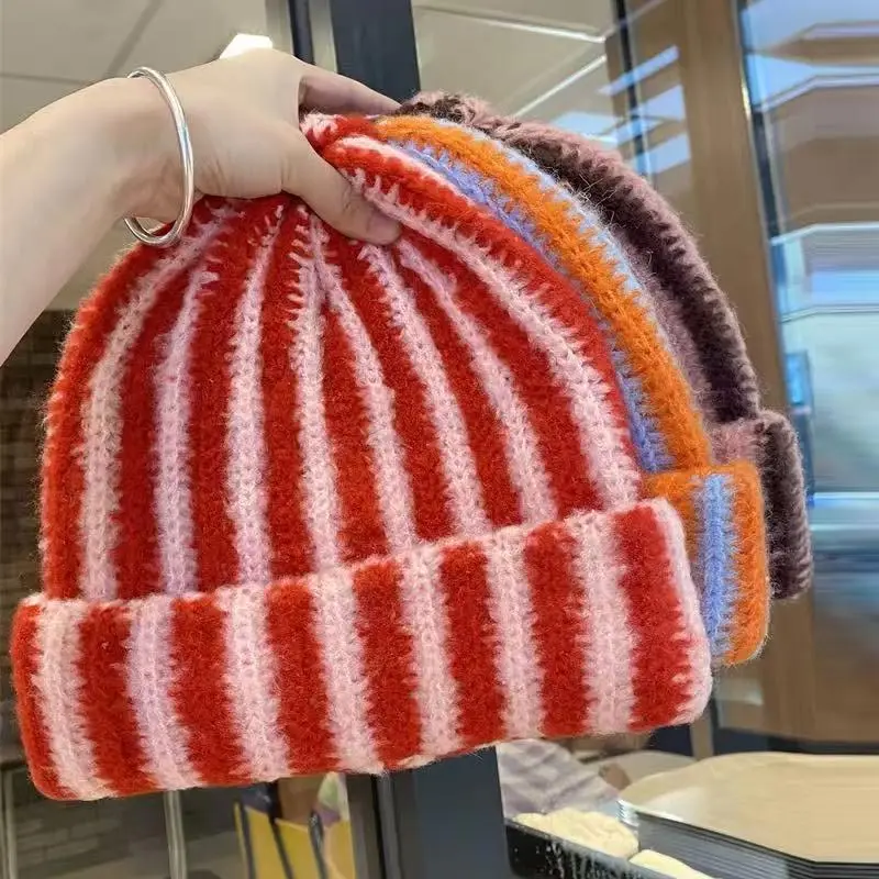2026 New Korean Striped Warm Woolen Hat Autumn and Winter Feather Yarn Striped Wool Beanie Cap Women Men Thick Knitted Cold Hat