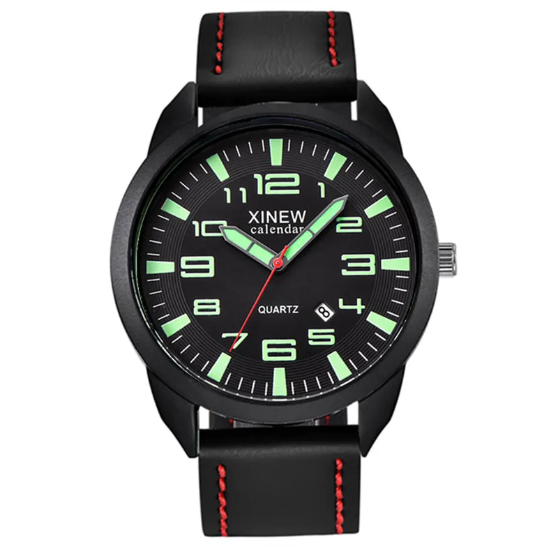 1pc / lot XINEW Brand Cheap Watches For Men Fashion Casual Leather Band Simple Date Quartz Wrist Watch Black Relogio Masculino