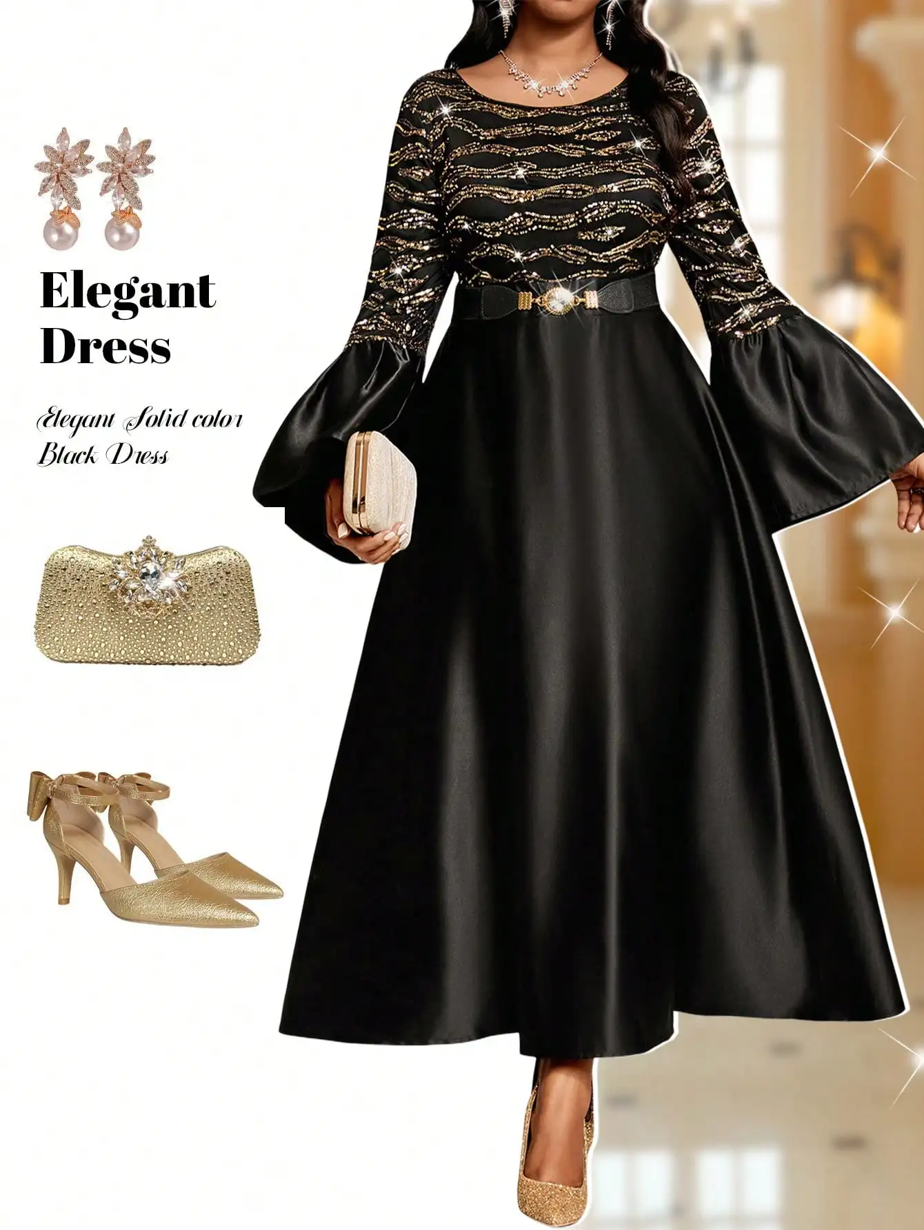 

Элегантное черное вечернее платье А-силуэта с пайетками на лифе и расклешенными рукавами