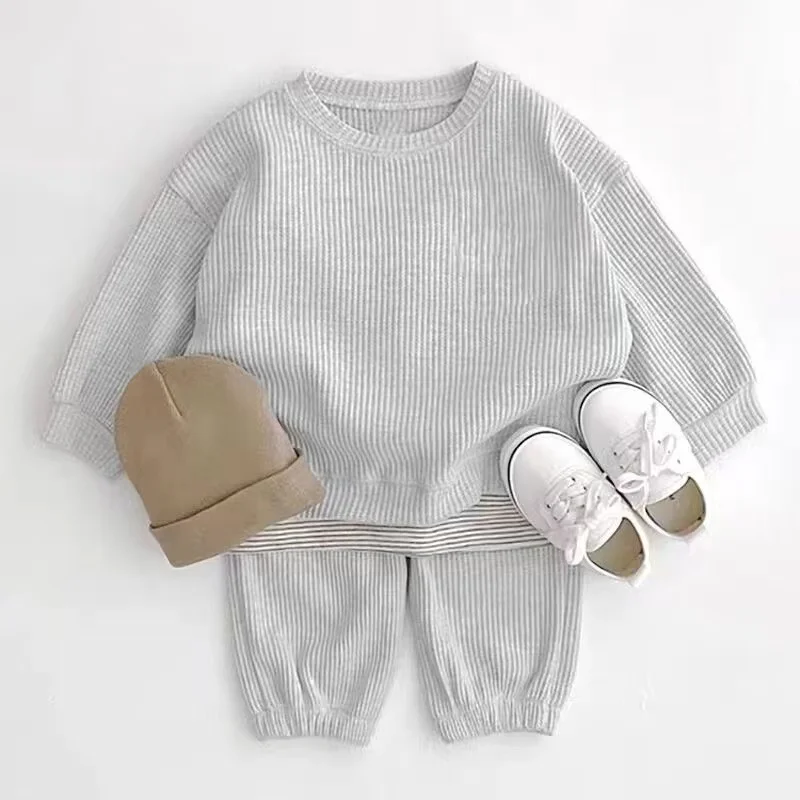 

2024 Korean Spring Autumn Children Boy Clothes Set Cotton Waffle Patched Brand Shirts Suit Solid Loose Stretch Infant Boy Outfit