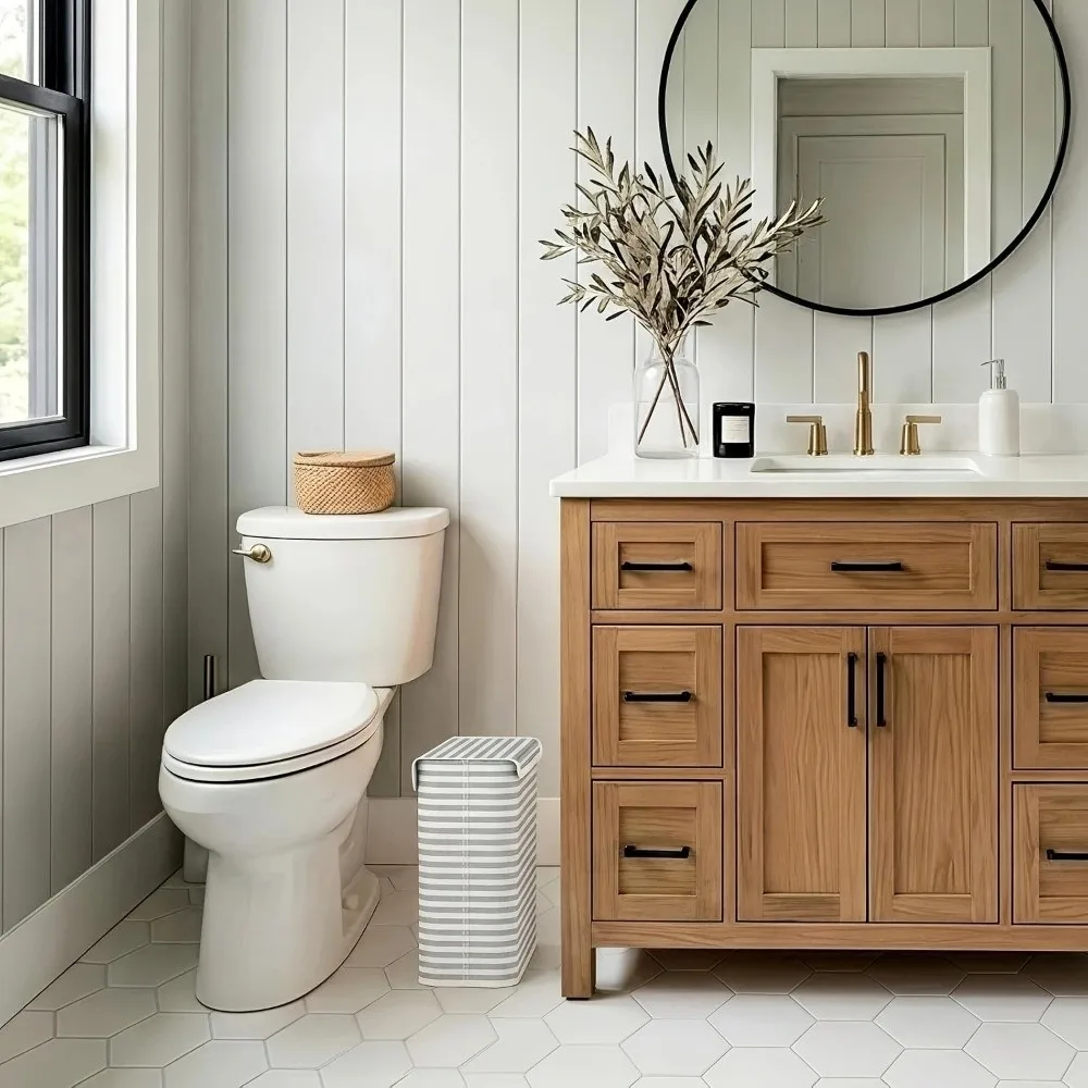 Container Foldable Toilet Paper Holder With Lid Space-Saving Bathroom Tissue Box Stripe Printed Storage Basket Living Room view 4