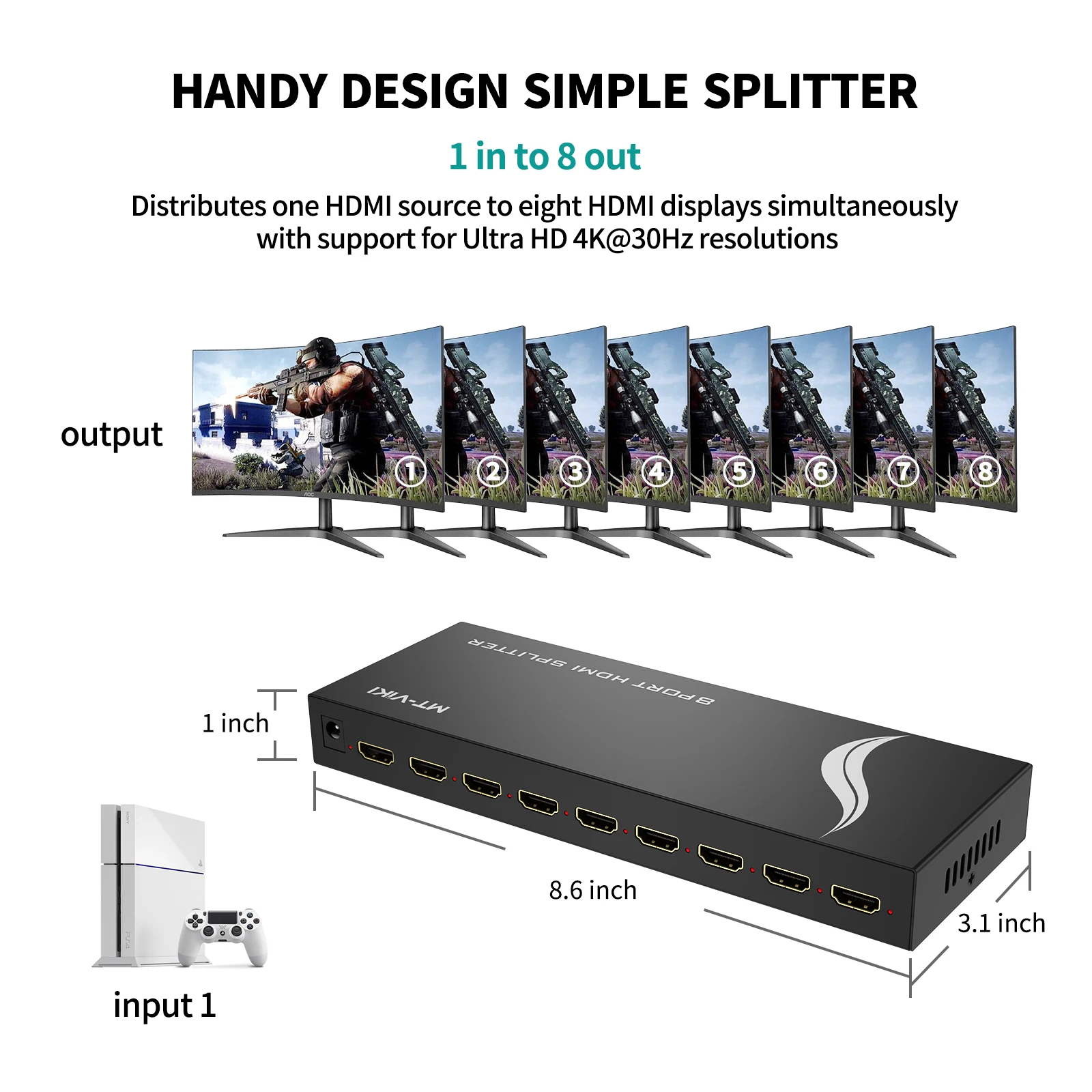 HDMI Splitter 1 in 8 Out 4K@30Hz 3D Full HD ,  1x8 1 Computer 8 Monitor + Power Adapter HDMI Splitter