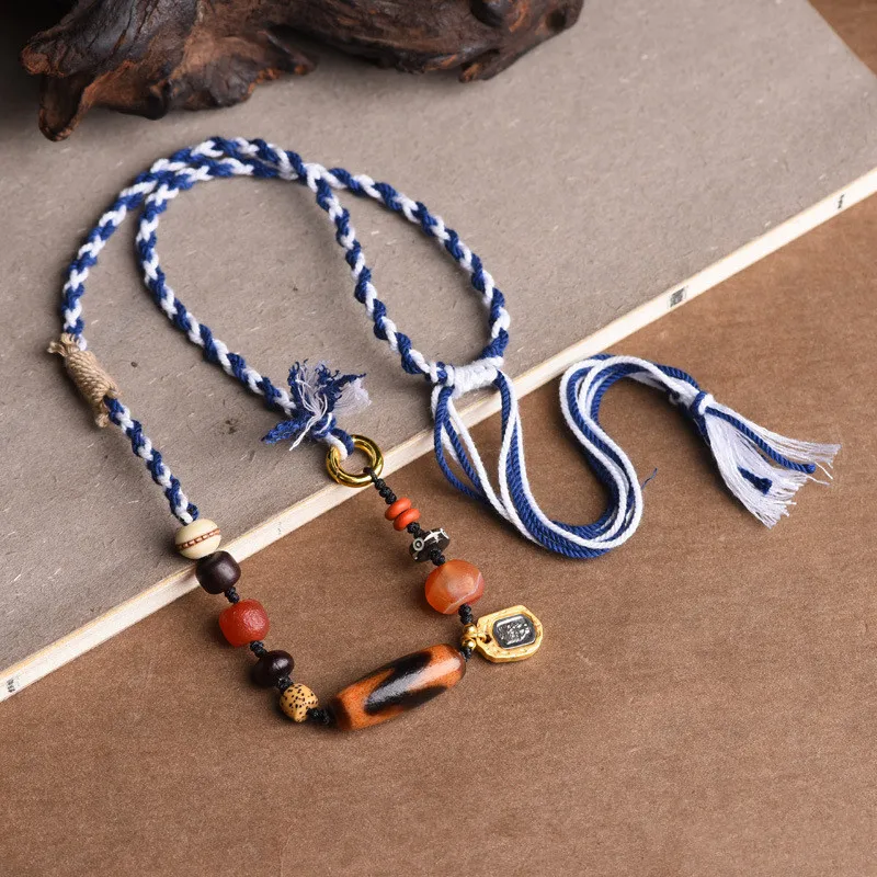 Tibetan Tiger Tooth Beads Necklace With Zakiram Tag Old Agate Accessory Buddha Beads Retro Personality Neck Hang Accessories