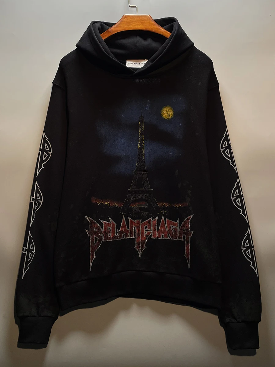 هودي فضفاض للرجال بتصميم عصري لخريف وشتاء، سترة رياضية بتصميم برج إيفل، ملابس شبابية كاجوال شعبية