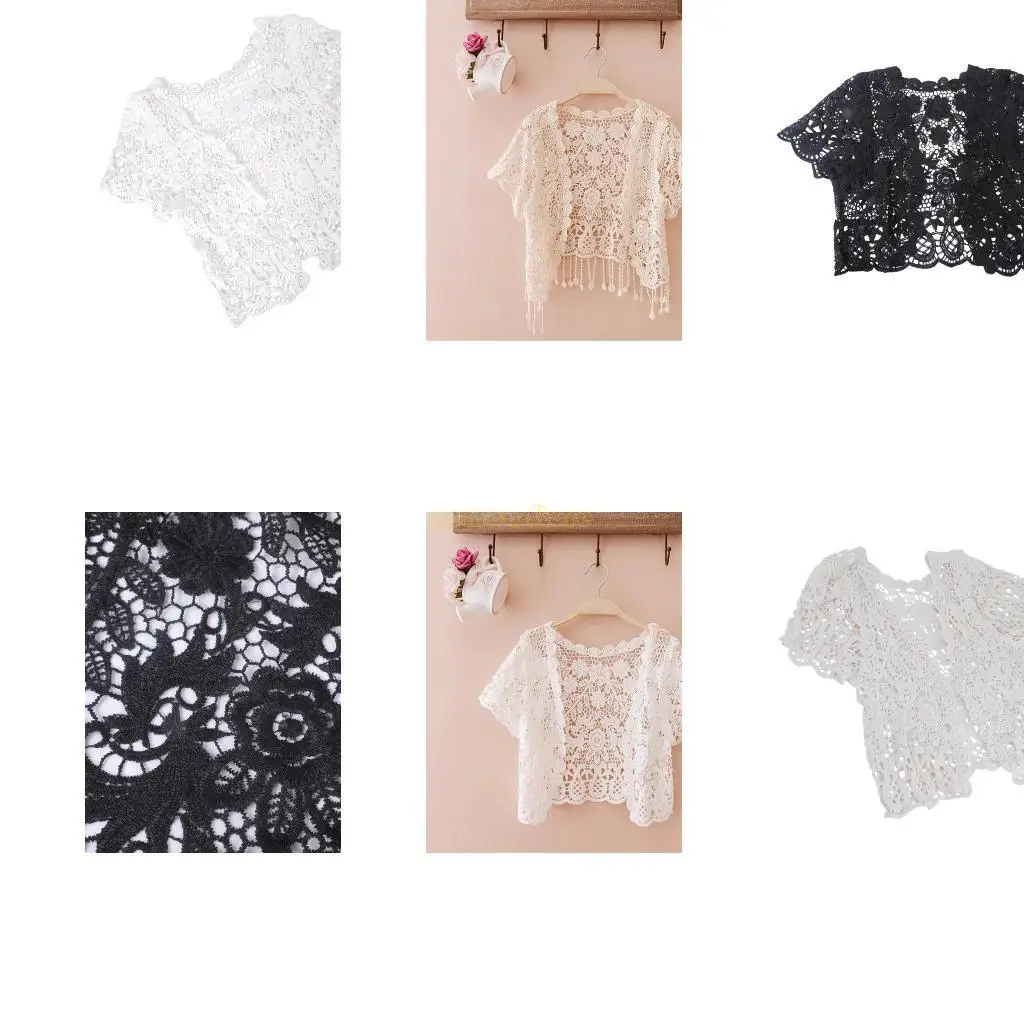31BF سترة صوفية نسائية من الدانتيل مع سترات قصيرة الأكمام من الكروشيه الشفاف #1