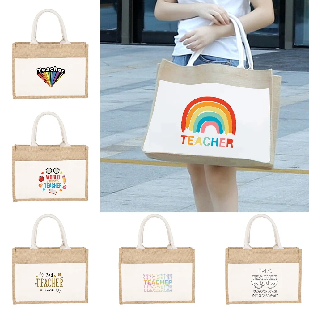 Teacher Printed Gift Shopping Bag New Simple Linen Shopping Bag Large Capacity Daily Commuter Bag