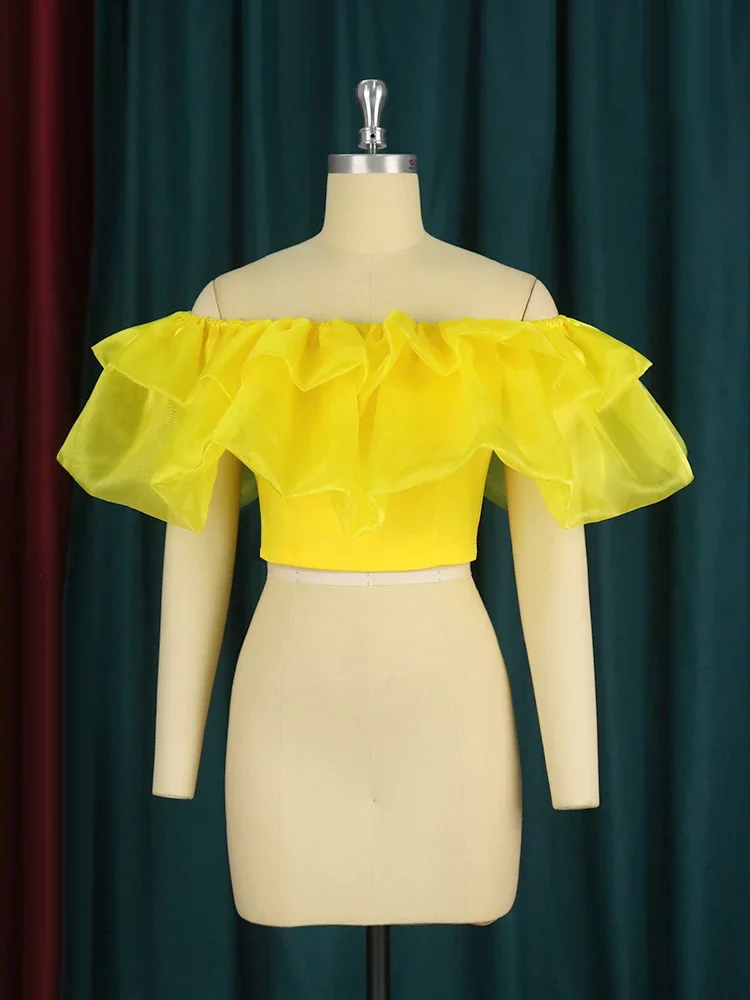 Women Blouses Off Shoulder Ruffles Pleated Yellow Summer Bright Shirt Tops Classy Elegant Lady Fashion Female African Bluas 2024