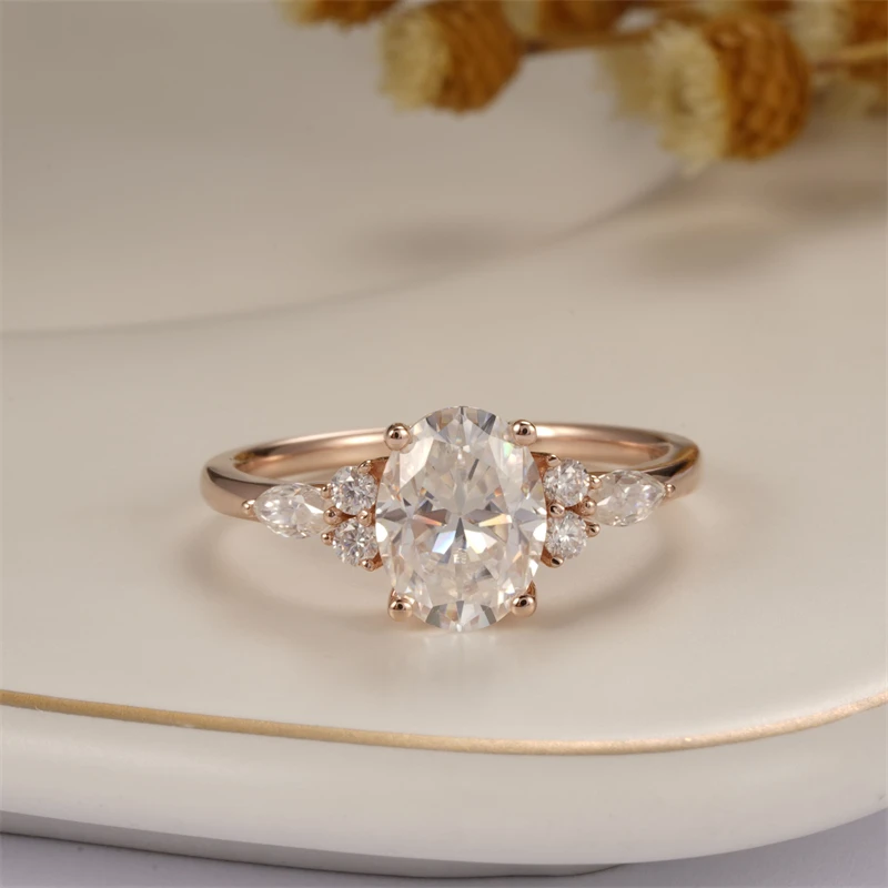 CxsJeremy Solid 14K 585 Rose Gold 6*8mm 1.5ct Oval Moissanite Engagement Ring Vintage Cluster Wedding Bridal Anniversary Gifts