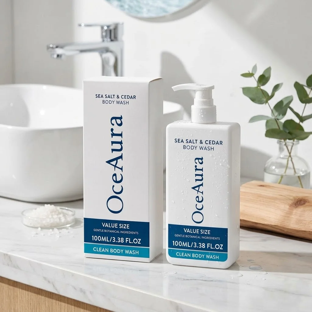 OCEAURA Clean & Refreshing Body Wash, gently cleanses body skin for daily use, delivers long‑lasting fragrance with fine texture