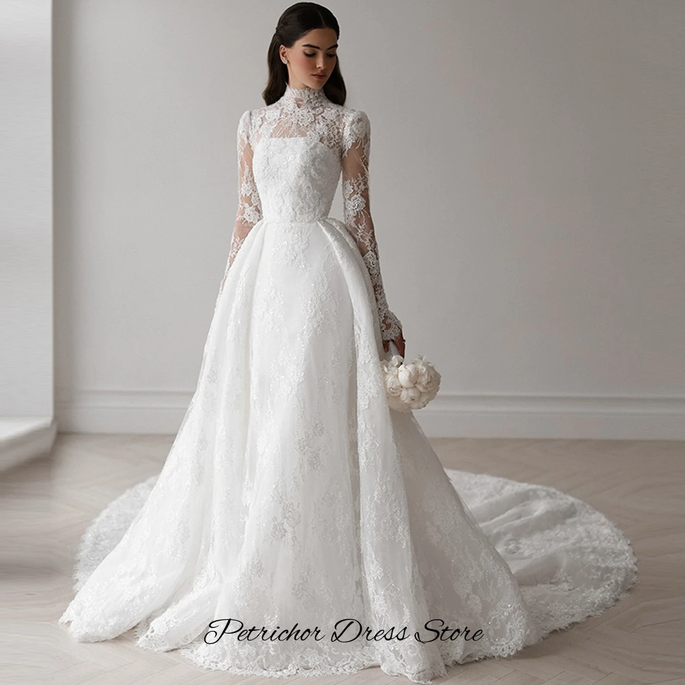 Customized A-Line Chapel Train Wedding Dress Charming High Collar Long Sleeves Robe de mariée Lace Appliques Vestido De Novia