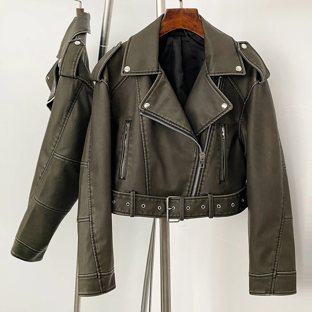 Jaqueta de couro falso feminino outono curto topo roupas manga longa casaco de couro falso eco-amigável primavera jaqueta do plutônio bolsos femininos