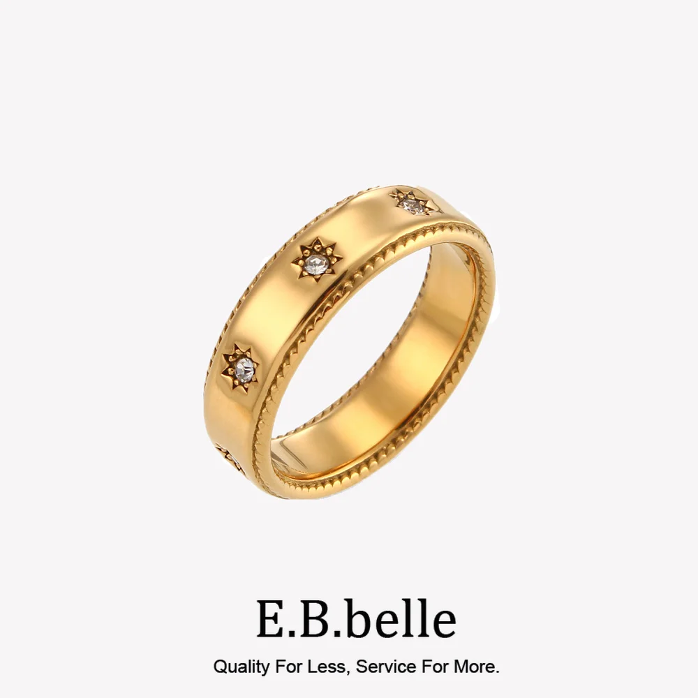E.B.belle Stainless Steel Jewelry For Women 18K Gold Plated Waterproof Clear Crystal Zircon Setted Star Gold Rings For Women