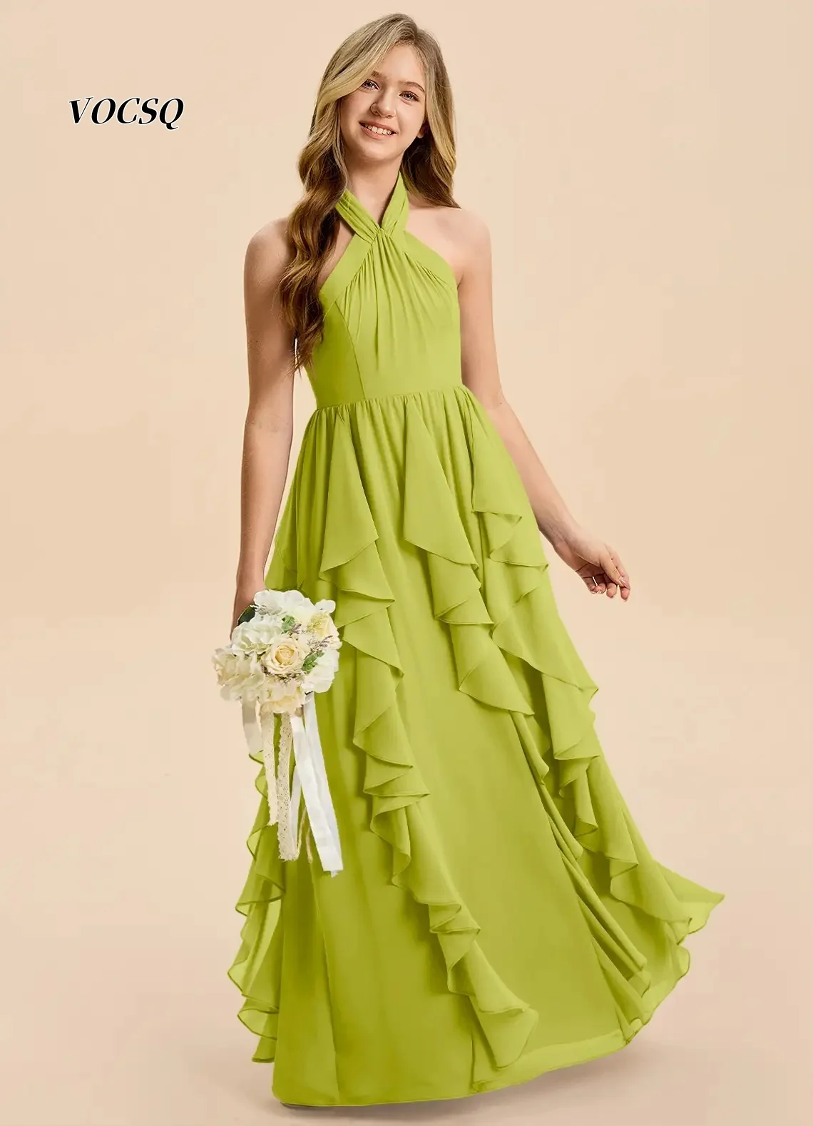 Junior Formal Dresses Halter Chiffon Gown Cascading Ruffle A Line Long Dress For Teen Graduation Party Bridesmaid Customized