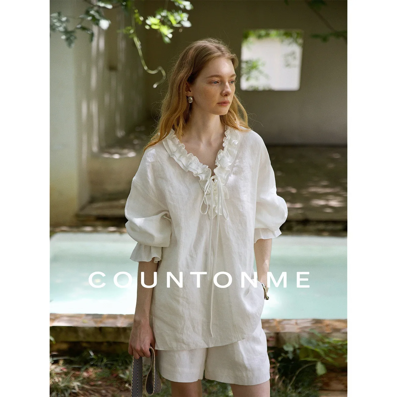 

French Romantic 100% Pure White Linen V-Neck Tie Blouse with Handmade Scalloped Edge & Shorts Summer Matching Set