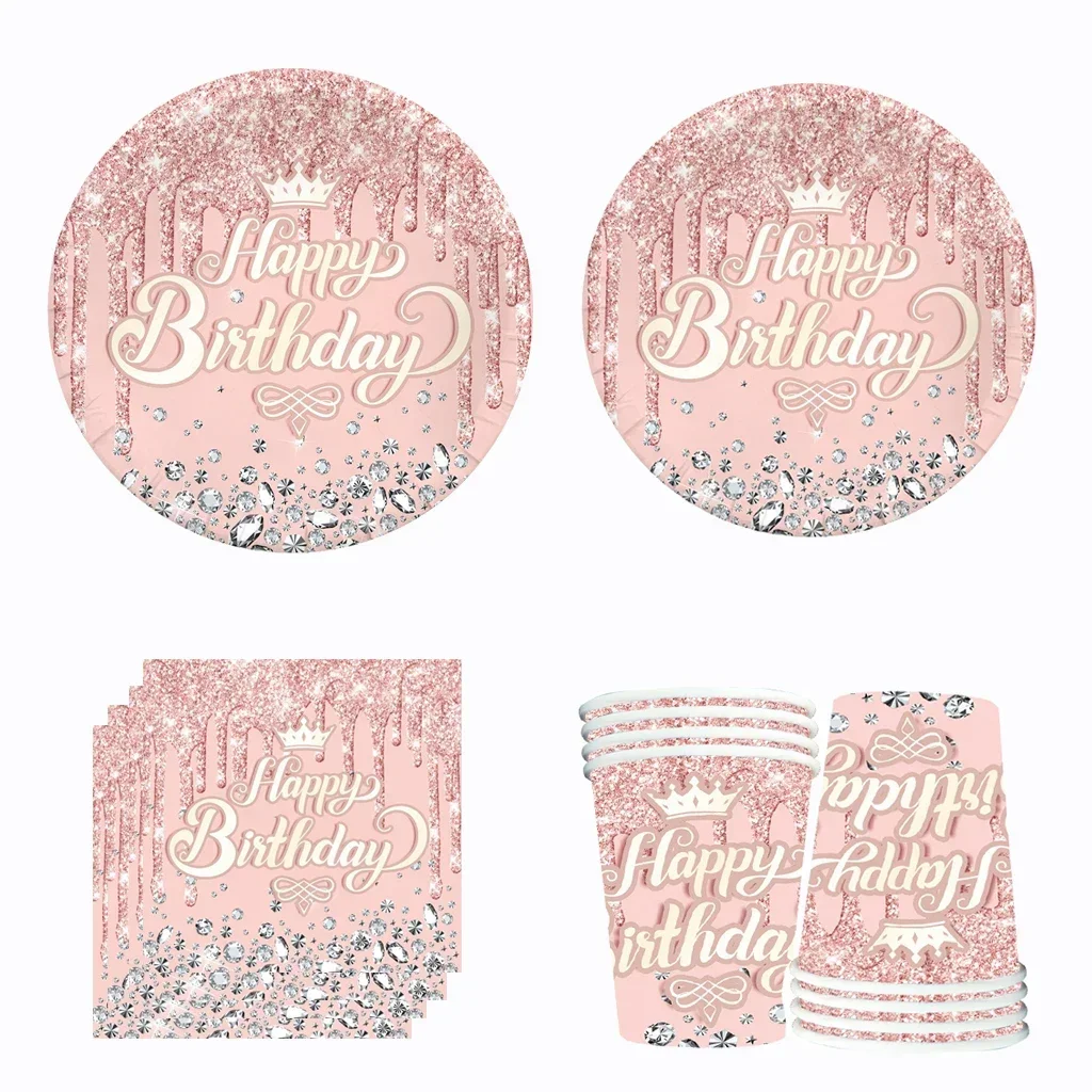 

10Guests Diamond Pink Disposable Tableware Princess Girl Birthday Crown Plates Cups Napkins Happy Girl Birthday Party Supplies