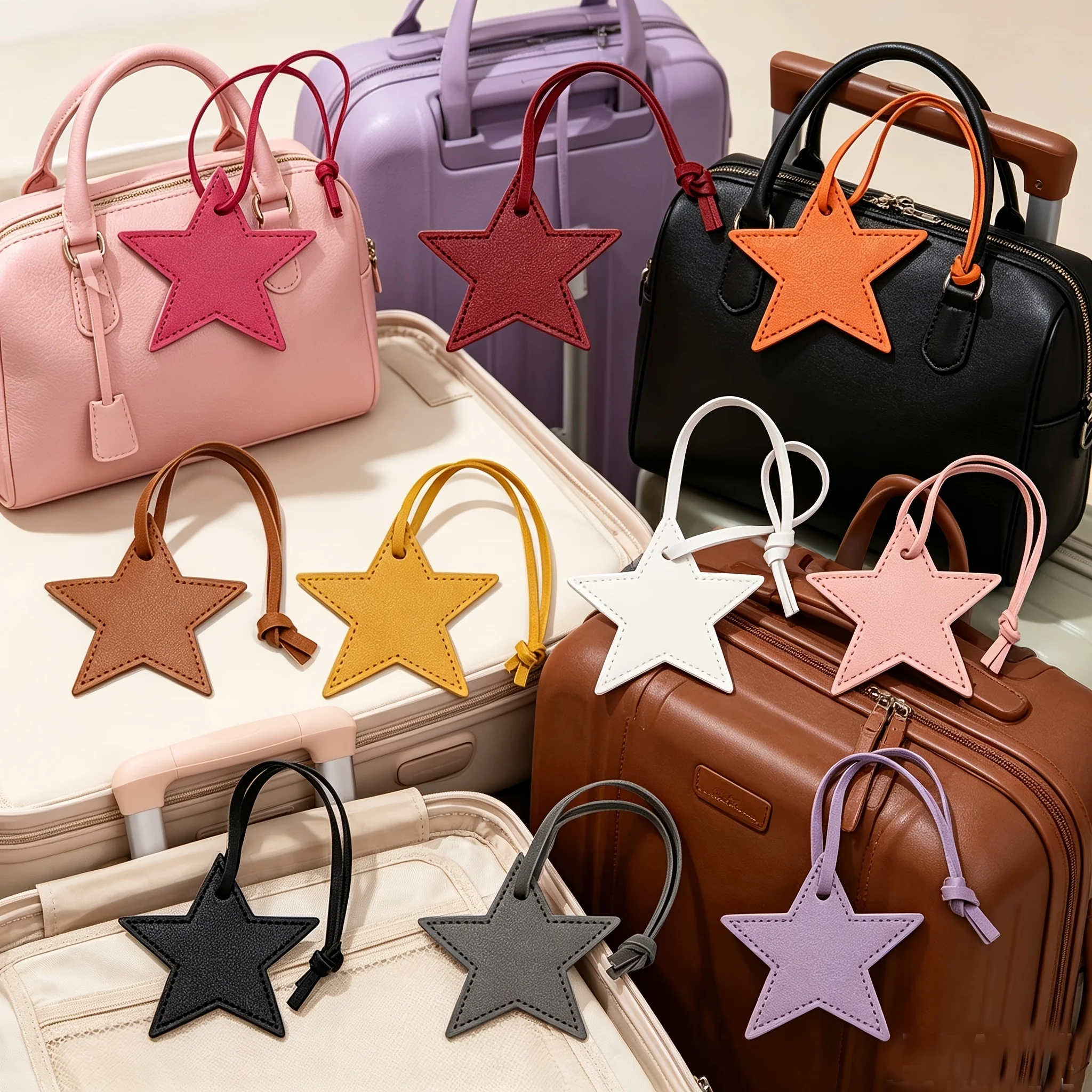 10pcs  Five pointed star PU leather hang tag with adjustable hanging rope, star luggage tag, gift bag, decorative accessories