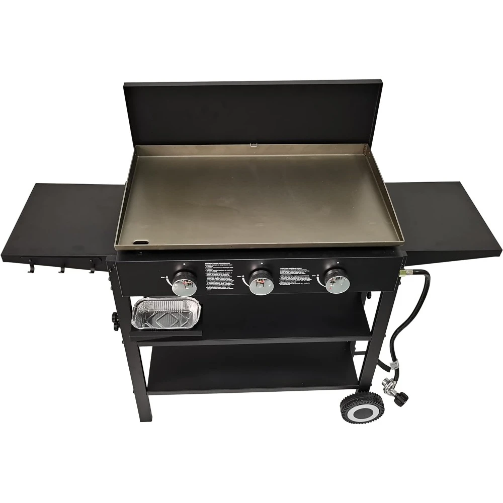 

Outdoor Griddle Grill Propane Gas Flat Top - Hood Included, 4 Shelves, Disposable Grease Cups, 36,000 BTU's, Large Cooking Area