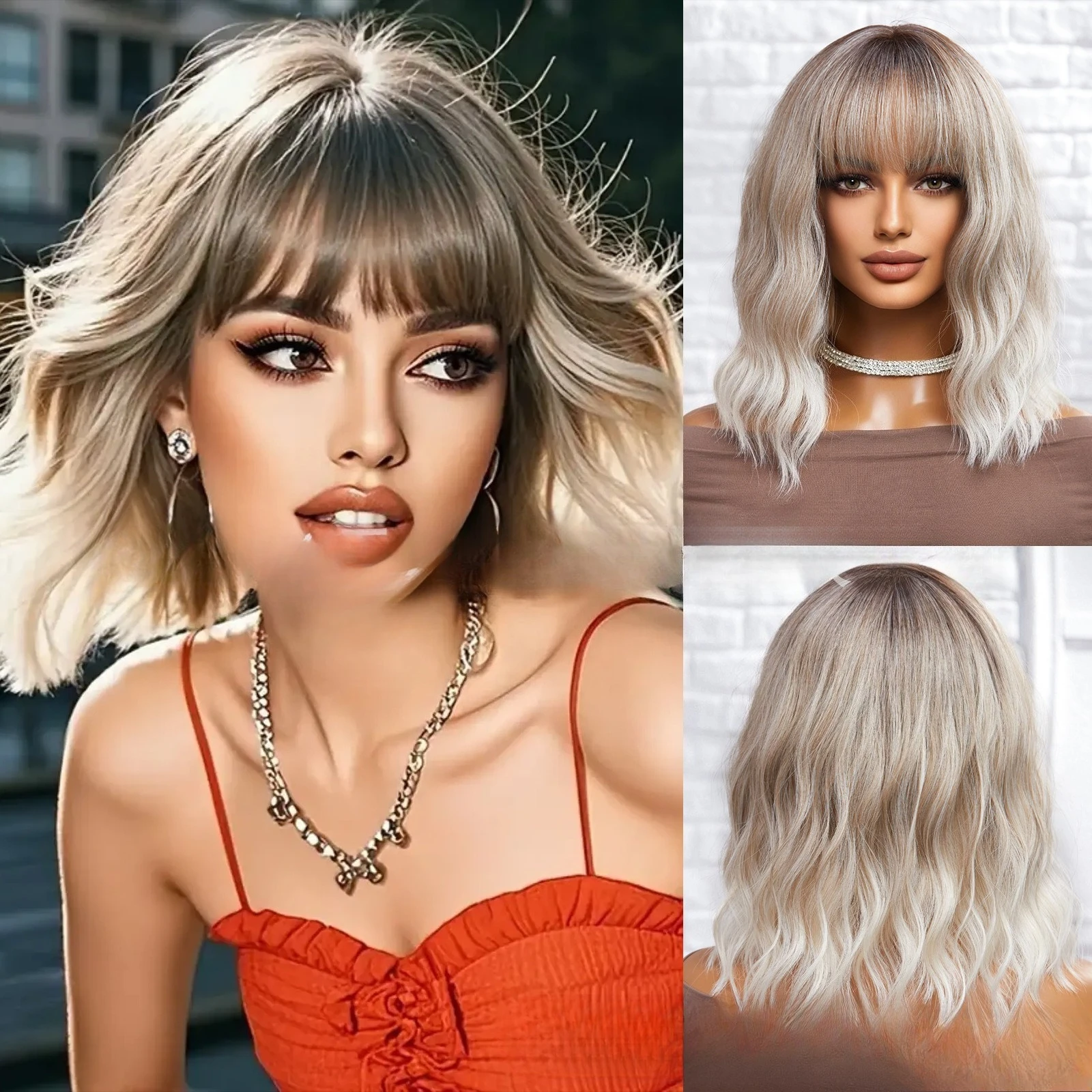 

Hot-selling wig platinum top of the head gradual change Qi bangs bobo short curly hair full head cover spot wi