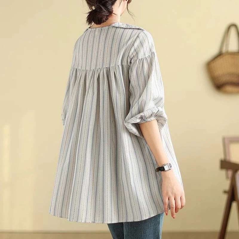 Large Size Doll Neck Stripe Loose 3/4 Sleeve Medium Length Shirt for Women\'s Early Spring Summer New Casual Slimming Trendy Top