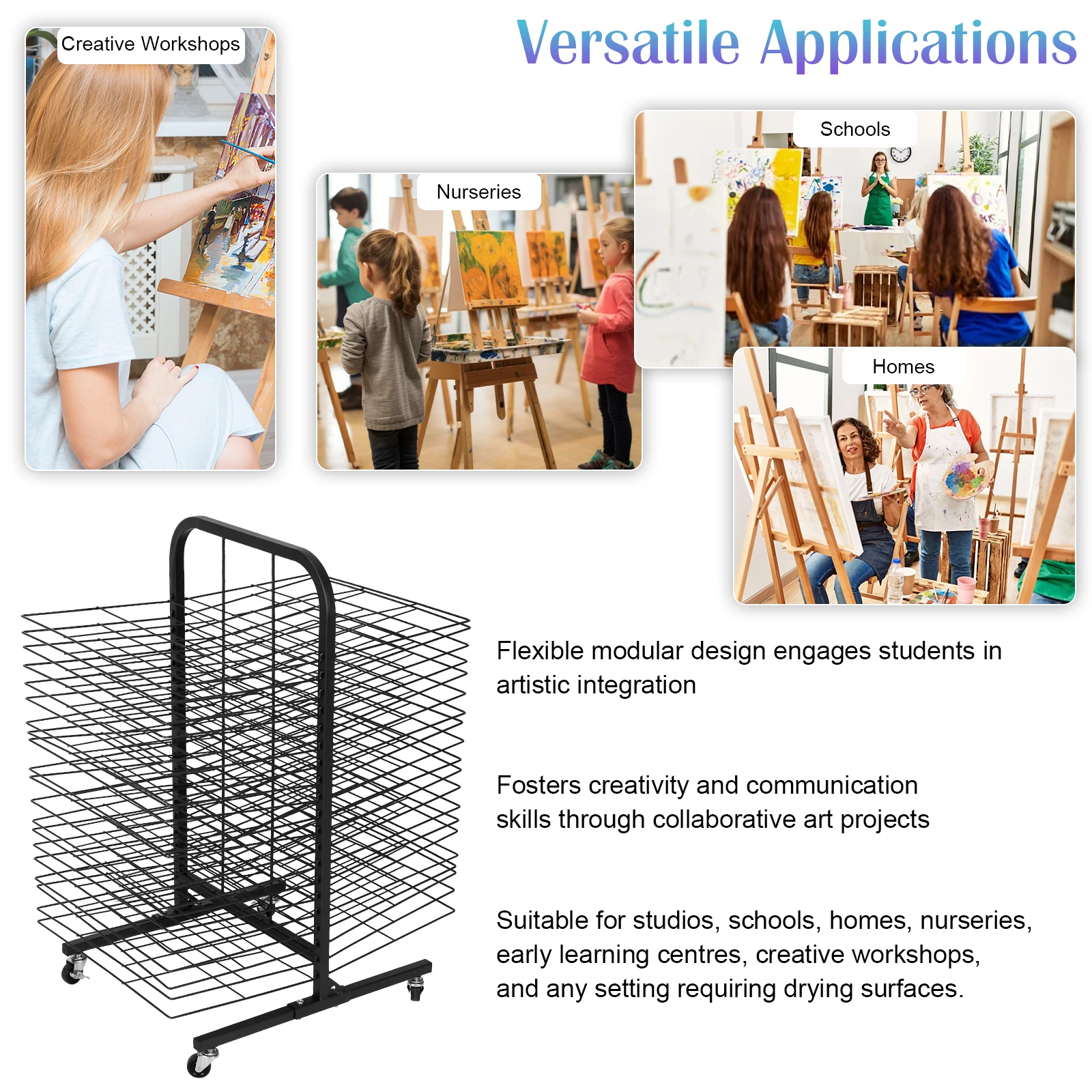 

Mobile Canvas Rack with 40 Removable Shelves with 4 Caster Wheels Arts and Crafts Organizer 17.7x25inch for Classrooms & Studios